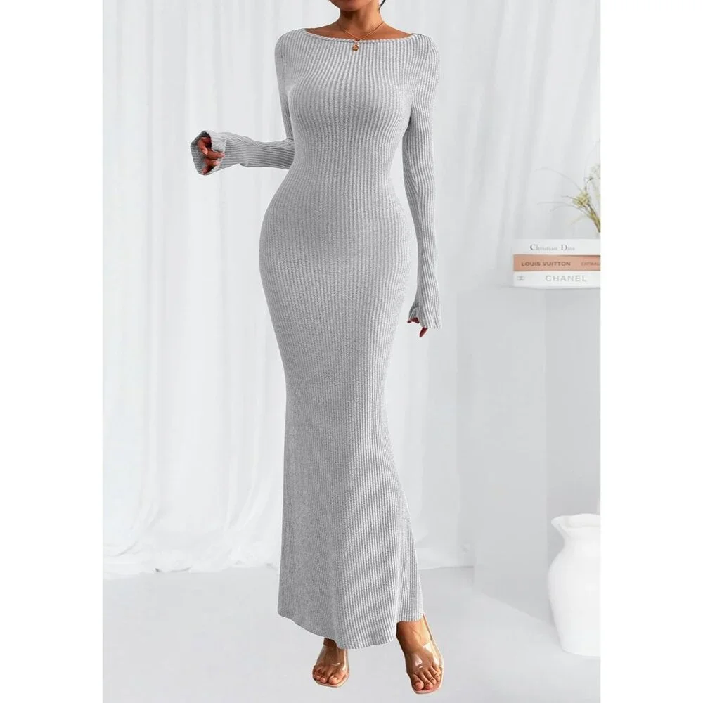 Women's Grey Long Sleeve Ribbed Knit Boat Neck Bodycon Casual Maxi Dress - Picture 6 of 8